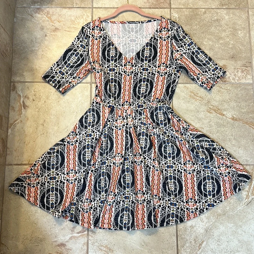 Mimi Chica Skater skirt dress shirt sleeves v-neck pattern Southwestern POCKETS